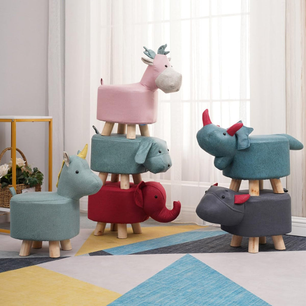 Cute Animal Footstool, Solid Wood Cartoon Stool with Soft Padded Cushion and Non-Slip Feet, Animal Shape Ottoman for Kids, G
