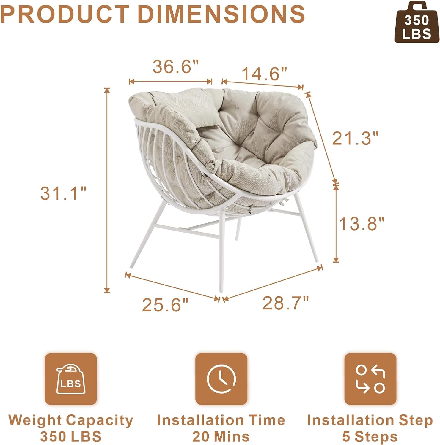 Outdoor Oversized Egg Chairs, Steel Frame Single Living Room Reading Chair with 350 LBS Heavy Duty, Patio Papasan Chair, Thick Cushion Egg Seat and Headrest for Bedroom , Indoor, Porch Garden