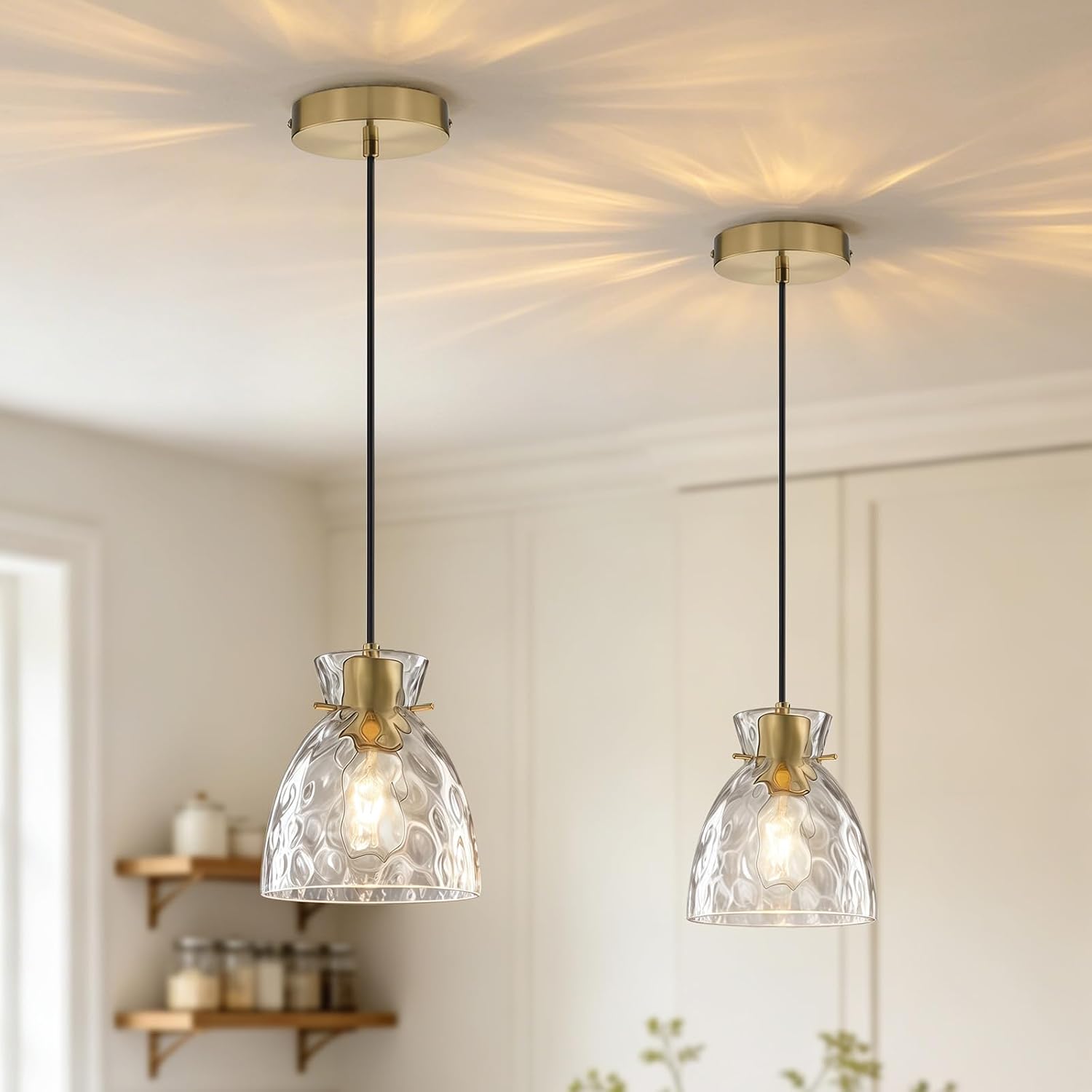 5.9" Mini Black Gold Pendant Lights Kitchen Island 2 Pack, Small Brushed Brass Hammered Glass Pendant Light Fixtures, Modern Hanging Lights Kitchen Pendant Lighting over Sink Bathroom Dining Room