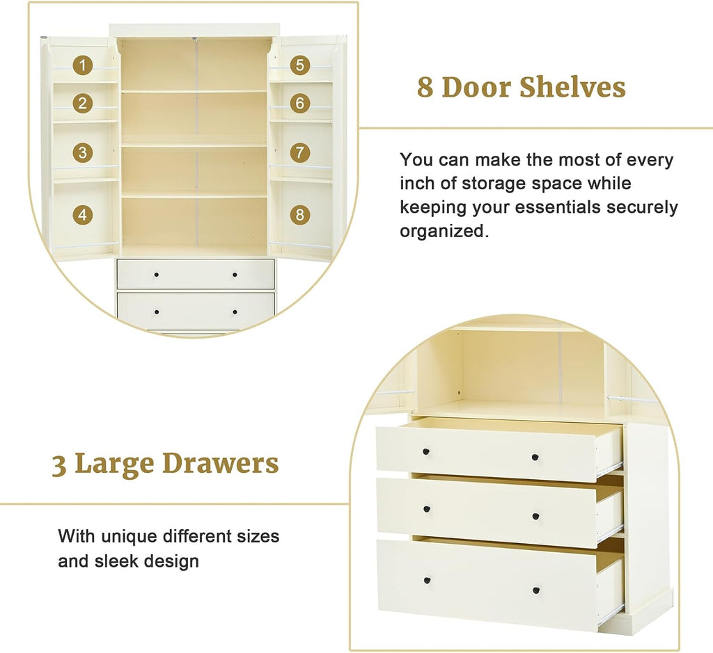 77 Inch High Freestanding Kitchen Sideboard, Farmhouse Sideboard Storage Cabinet with 3 Adjustable Shelves, 8 Door Shelves, 3 Drawers for Kitchen, Living Room and Dining Room (Cream)