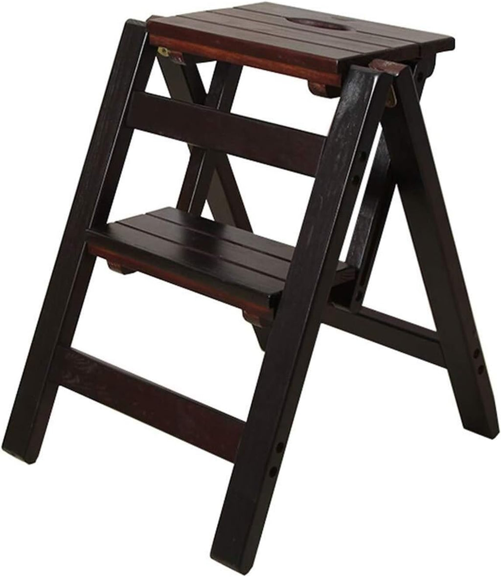 Step Stool 2-Step Black Walnut Wood Folding Stepladder & Step Stool - Lightweight Anti-Slip Pedal Design for Home Kitchen - 150kg Capacity