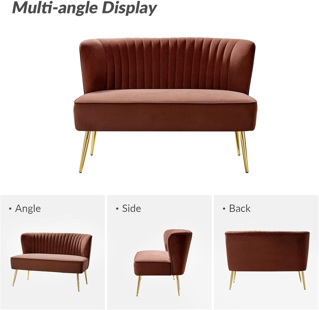TINA'S HOME Mid-Century Velvet Loveseat Sofa, Upholstered Loveseat Couch with Golden Metal Legs, Small Tufted 2-Seat Sofa Armless Love Seat for Living Room Bedroom, Burn Brick