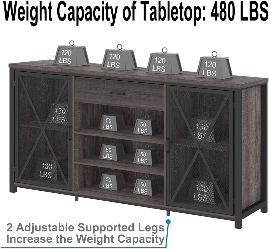LVB Long Bar Cabinet with Fridge Space, Farmhouse Big Liquor Cabinet with Drawer Storage, Rustic Wood Metal Large Wine Cabinet with Rack, Modern Sideboard Buffet for Kitchen Dining Room, Gray, 70 Inch