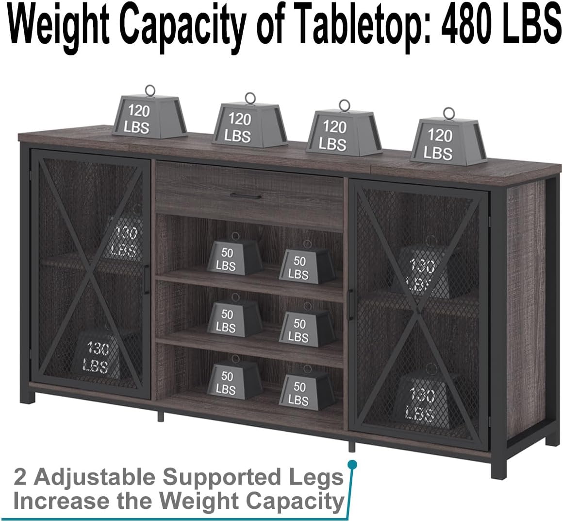 LVB Long Bar Cabinet with Fridge Space, Farmhouse Big Liquor Cabinet with Drawer Storage, Rustic Wood Metal Large Wine Cabinet with Rack, Modern Sideboard Buffet for Kitchen Dining Room, Gray, 70 Inch