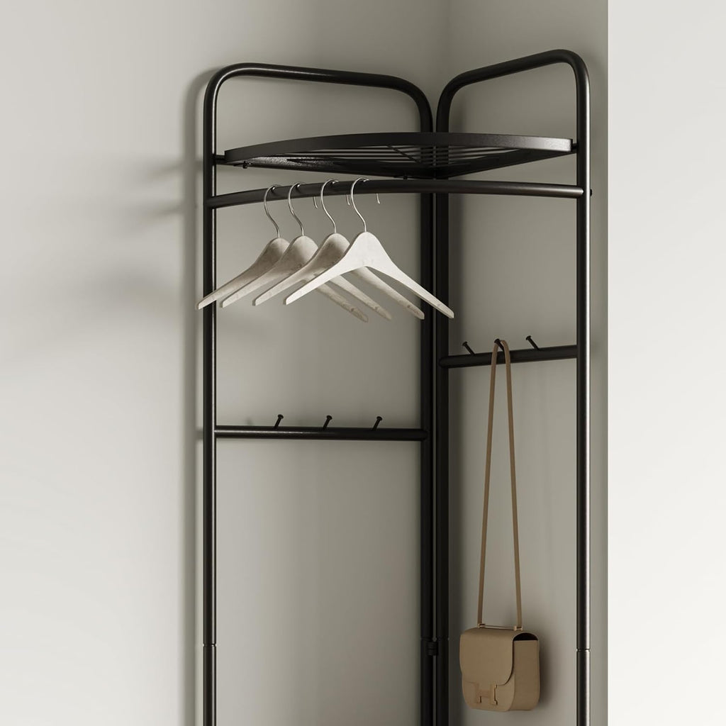 corner coat rack,corner clothing rack with 6 hooks and storage shelf,metal clothes rack coat stand for Entryway, Bedroom