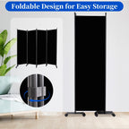 Room Divider 6FT Room Partition with Lockable Wheels, (Thicked Metal Base) Room Dividers, Freestanding Indoor Folding Privacy Screens, Portable Fabric Wall Divider for (Black, 88"- 4 Panel)