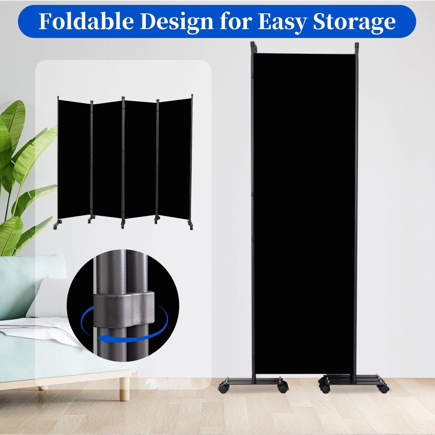 Room Divider 6FT Room Partition with Lockable Wheels, (Thicked Metal Base) Room Dividers, Freestanding Indoor Folding Privacy Screens, Portable Fabric Wall Divider for (Black, 88"- 4 Panel)