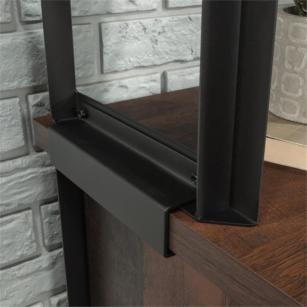 Pemberly Row Contemporary Hutch, 60 in Wide, Engineered Wood and Metal, Barrel Oak Finish, Attaches to Computer Desk, Barrister Door, 2 Adjustable Shelves, Office Storage Organizer