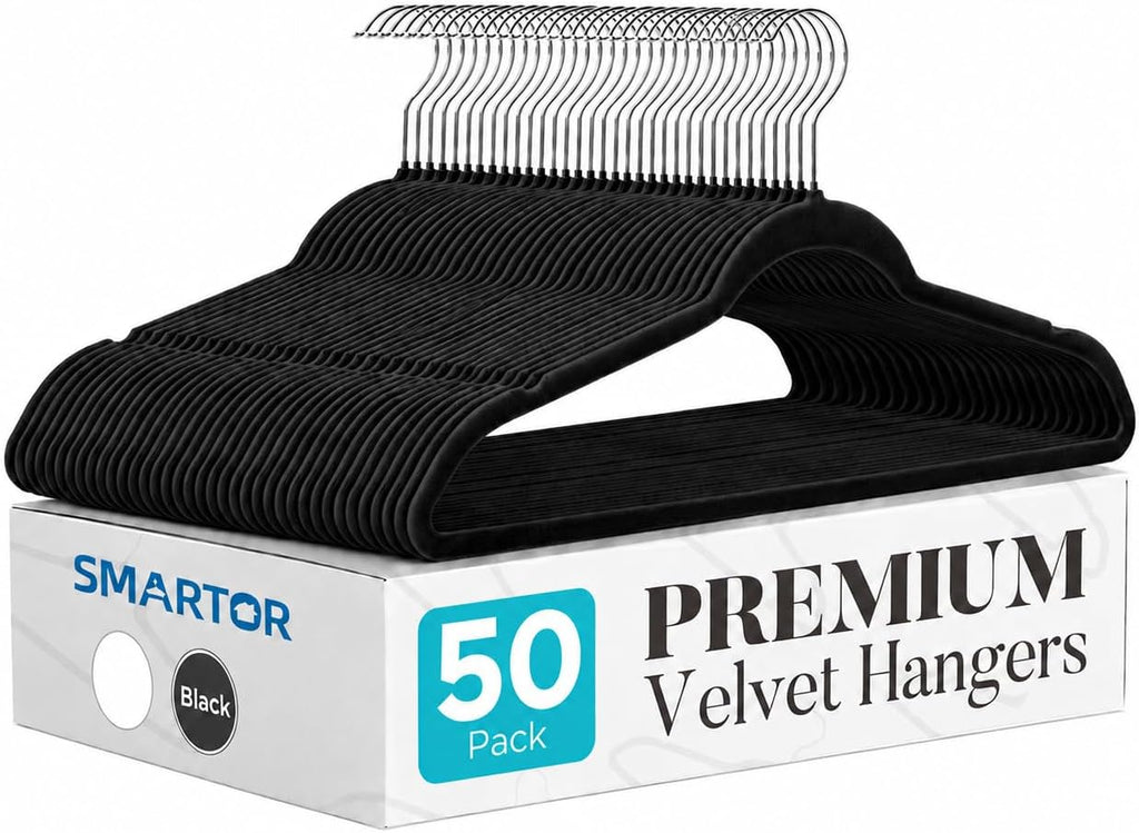 Smartor Black Velvet Hangers 50 Pack, Non Slip Clothes Hangers with Shoulder Notches, Premium Slim Space Saving Felt Hanger for Closet Organizers and Storage, Heavy Duty Hanger for Coat