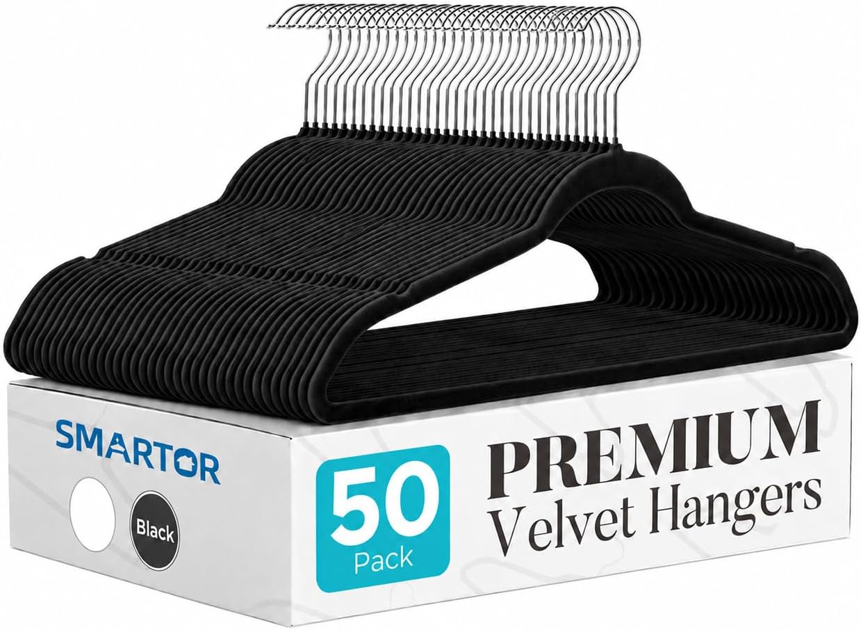 Smartor Black Velvet Hangers 50 Pack, Non Slip Clothes Hangers with Shoulder Notches, Premium Slim Space Saving Felt Hanger for Closet Organizers and Storage, Heavy Duty Hanger for Coat