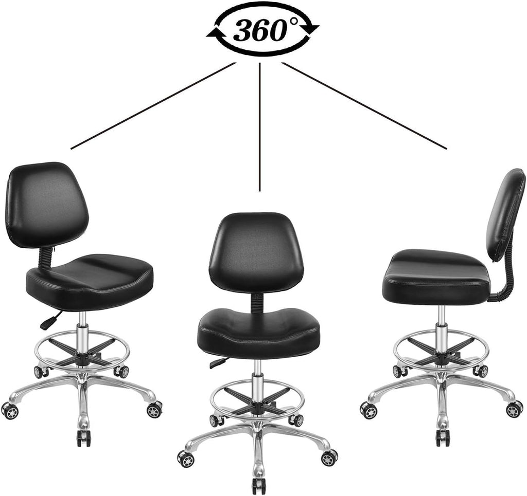Lift Chair Adjustable Stool Drafting Chair with Backrest & Foot Rest Drafting Stool Swivel Seat Rolling Wheels for Studio Dental Office Salon Counter Home Desk Chairs (Black)