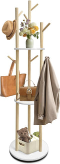 LIWSHWZ Rotary Coat Rack Freestanding,Solid Wood Coat Hanger Stand with 9 hooks & 3 Storage Shelves for Bedroom, Entryway, Livingroom