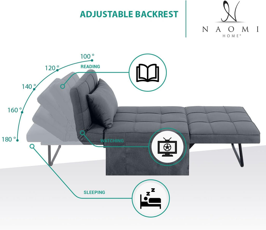 Naomi Home 4-in-1 Folding Chair Bed, Space-Saving Convertible Sleeper Sofa for Apartments & Guest Rooms, Adjustable Backrest, Linen Fabric, Includes Support Pillow in Gray