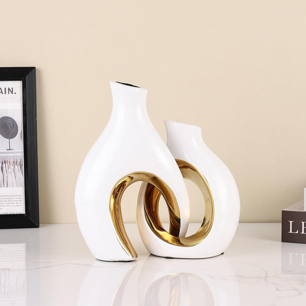 Ceramic Vase Set of 2 for Home Decor, White and Gold Abstract Intertwined Sculptural Vases, Decorative Pottery Centerpiece for Living Room, Dining Table or Entryway, Minimalist Art Decor Gift