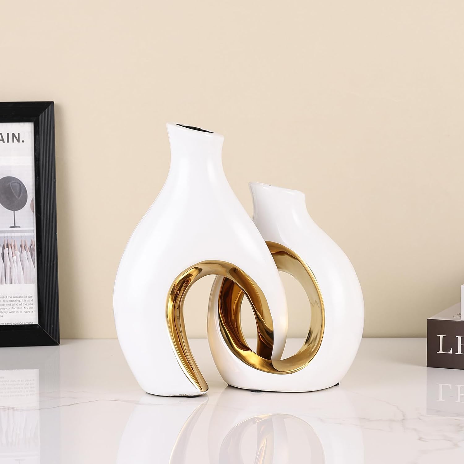 Ceramic Vase Set of 2 for Home Decor, White and Gold Abstract Intertwined Sculptural Vases, Decorative Pottery Centerpiece for Living Room, Dining Table or Entryway, Minimalist Art Decor Gift