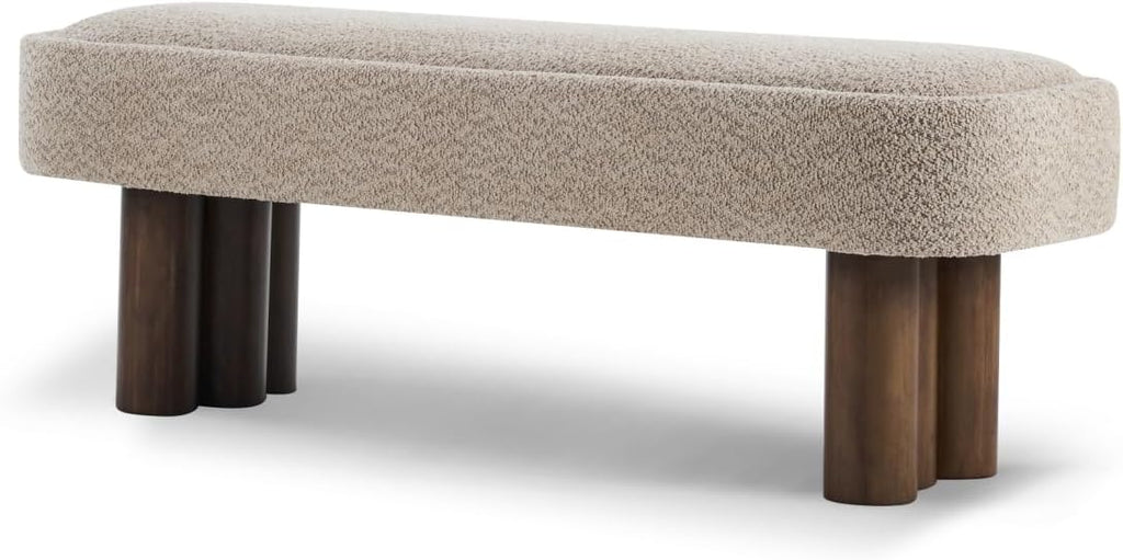 Khaki Boucle Upholstered Dining Bench with Walnut Legs, 51.57"L | Seats 2-3 People, 250 lbs Capacity, Foam-Padded Cushion, Rubberwood & Plywood Frame, 51.57L x 17.52W x 18.7H cm