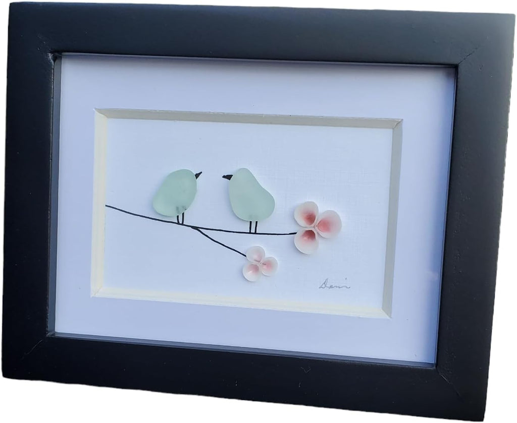 Mini Seaglass Birds on a branch with tiny pink shell flowers. Authentic Seaglass, Made in Maine, Small frame with glass. 3 1/2 by 4 inch framed art Sea Glass with pink shells