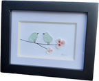 Mini Seaglass Birds on a branch with tiny pink shell flowers. Authentic Seaglass, Made in Maine, Small frame with glass. 3 1/2 by 4 inch framed art Sea Glass with pink shells