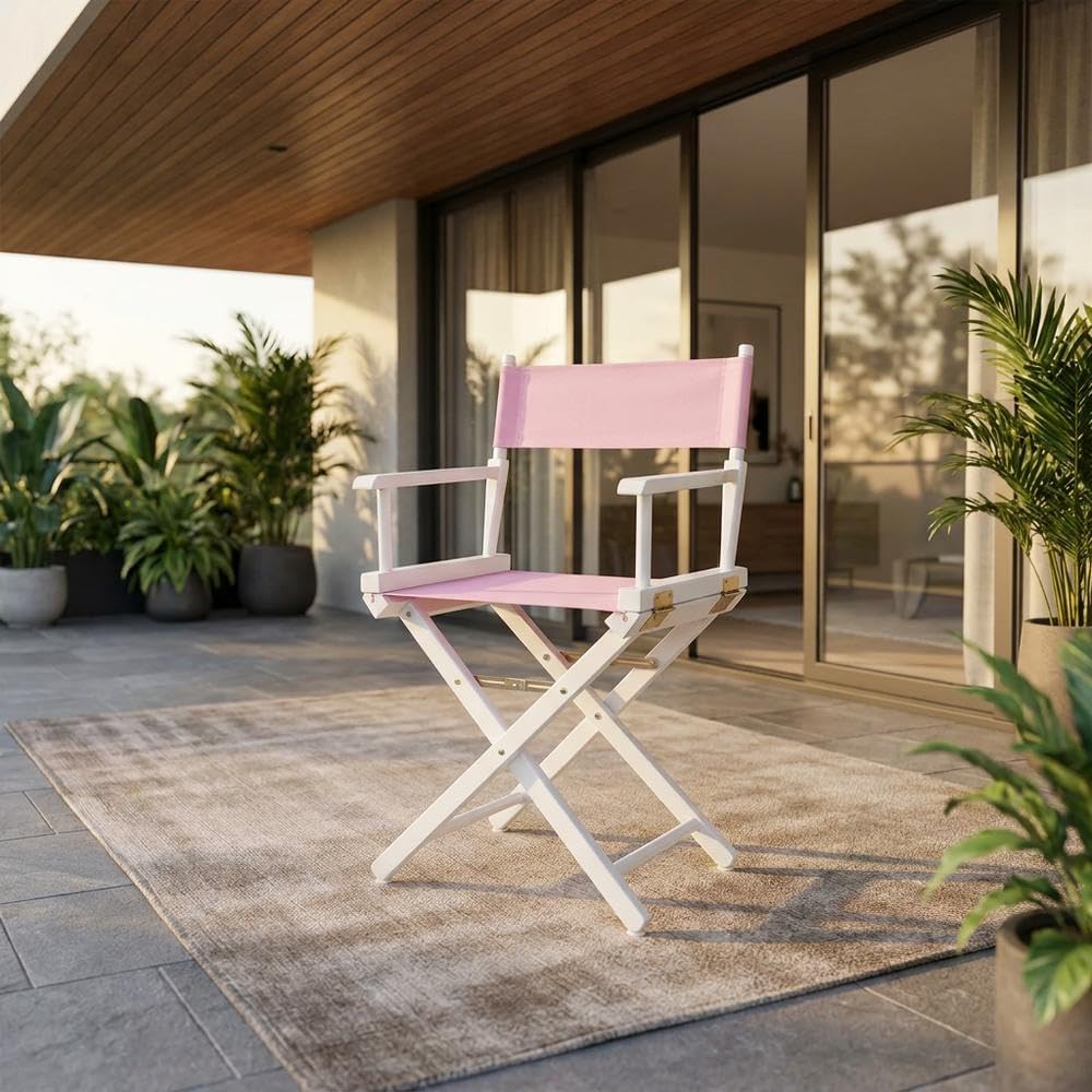 Furnifact Pink Director's Chair, White Frame, 18-Inch Seat Height, Folding Accent Chair for Bedroom Studio and Patio