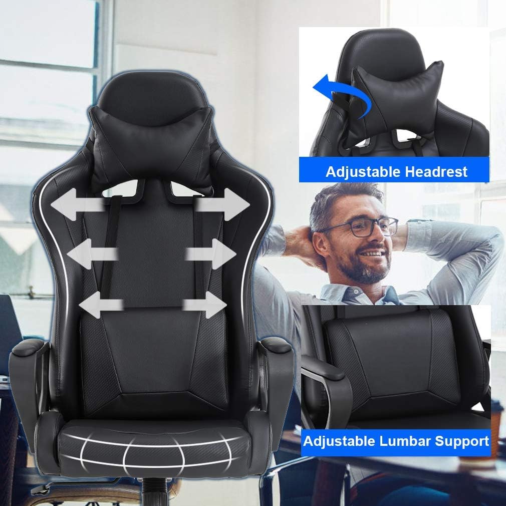 High Back Gaming Chair Ergonomic Racing Heavy Duty Office Chair Pc Video Game Chair, Lumbar Support with Arms & Headrest Chic Racing Style Desk Chair, Swivel Adjustable Best Home Office Chair - Black