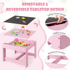 LDAILY Kids Table and Chairs, 3 in 1 Wooden Kids Table with Storage Drawer, Removable Blackboard, Reversible Tabletop, Toddler Table and Chair Set for Drawing, Reading (Pink)