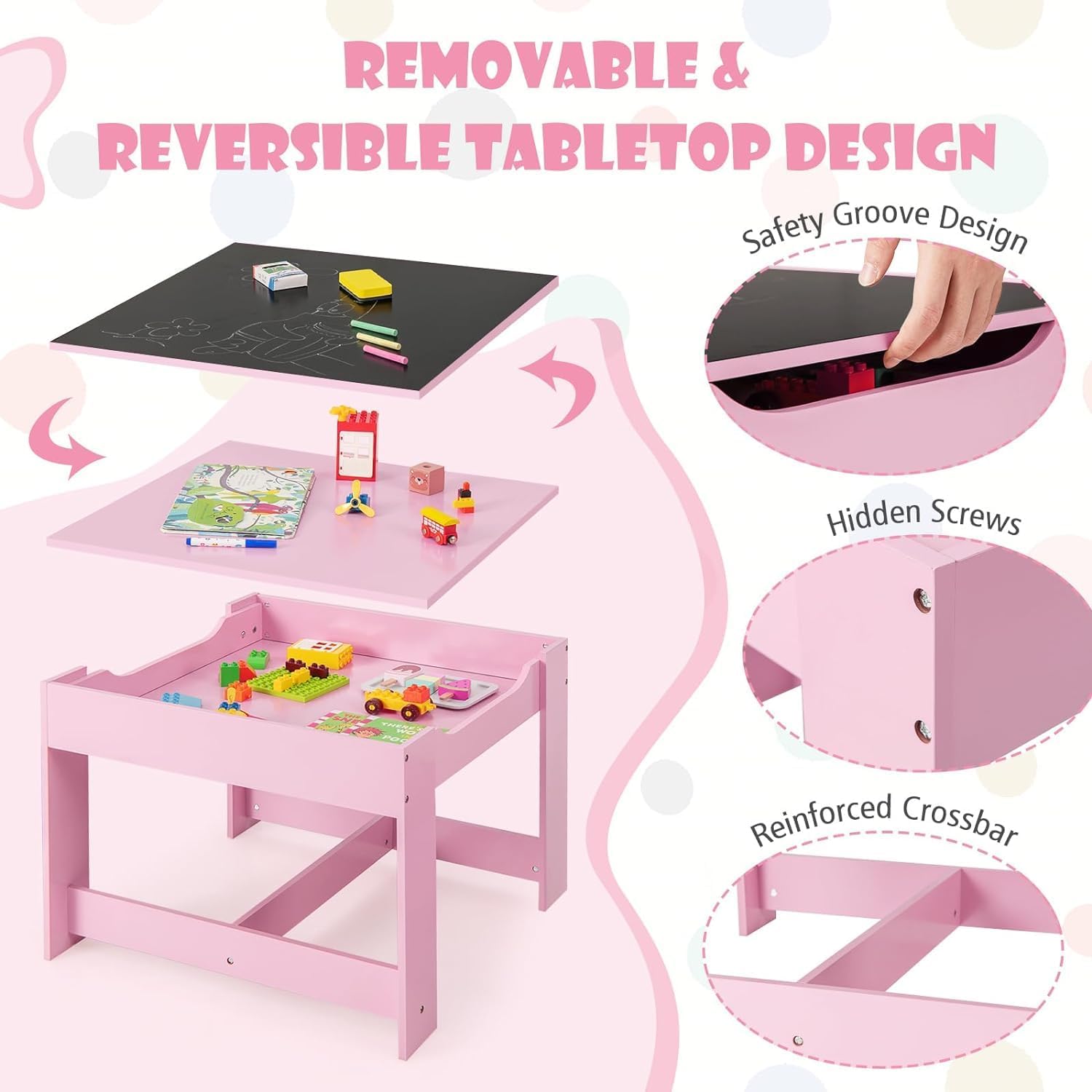 LDAILY Kids Table and Chairs, 3 in 1 Wooden Kids Table with Storage Drawer, Removable Blackboard, Reversible Tabletop, Toddler Table and Chair Set for Drawing, Reading (Pink)