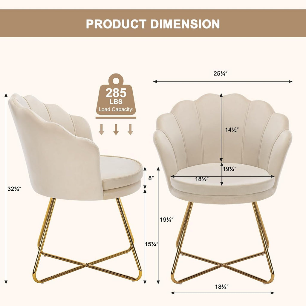 Furnimart Accent Chairs Set of 2 for Living Room, Shell Vanity Chair with Back, Criss Cross Chair with Gold Legs, Side Chair for Bedroom, Makeup Room, Desk Chair no Wheels, Velvet Khaki 2PCS