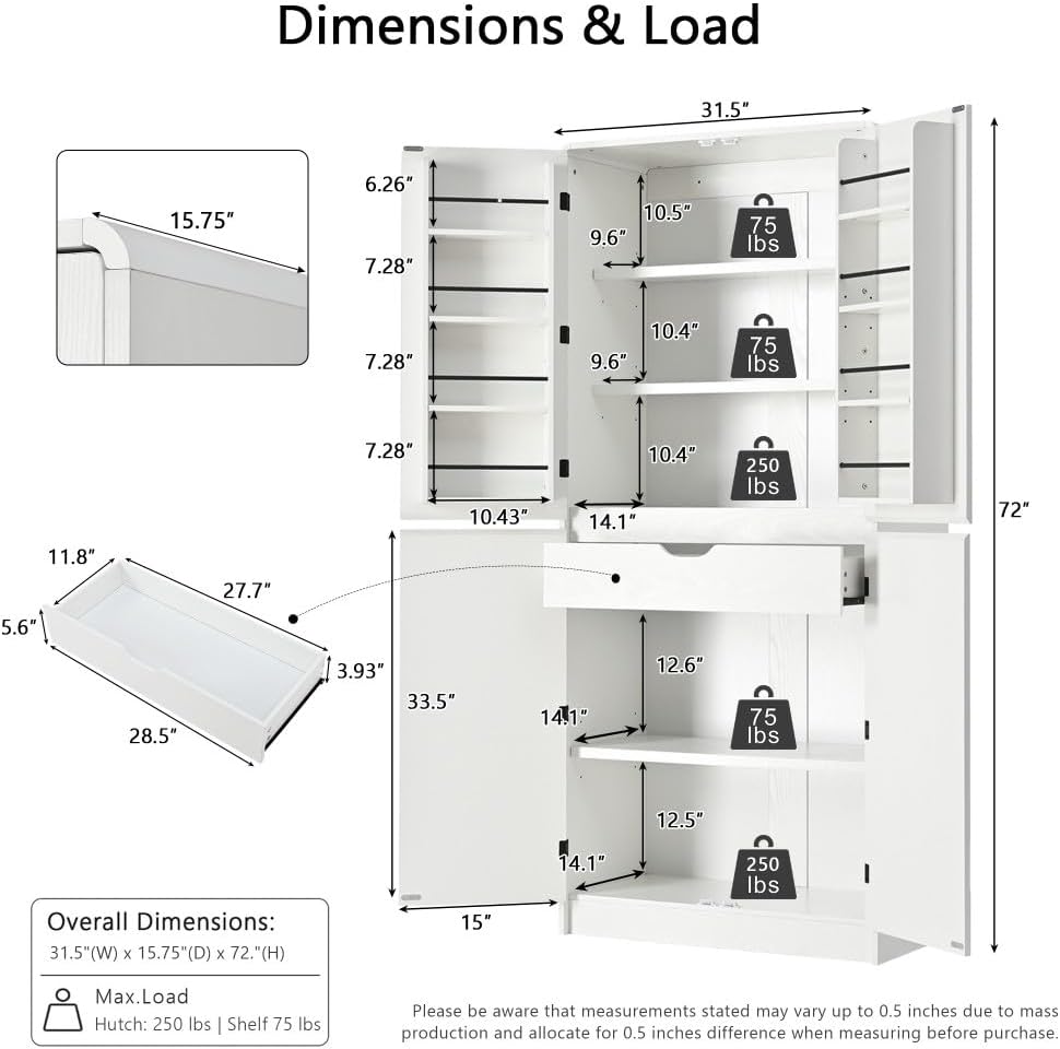72" Tall Farmhouse Kitchen Pantry Cabinet, Curved Storage Cabinet with 3 Adjustable Shelves, 8 Door Shelves & Hidden Drawer for Kitchen Dining Bathroom (White)