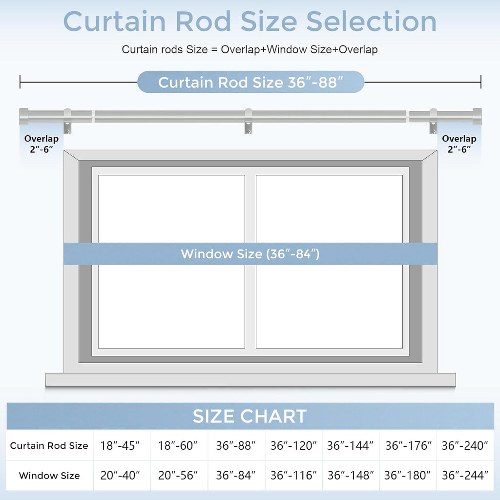 VOIIY Silver Curtain Rods for Windows 48 to 84 Inch(4-7 Feet),1" Diameter Drapery Rods with Modern Style End Cap Finials,Size:36-88 Inch,Antique Silver