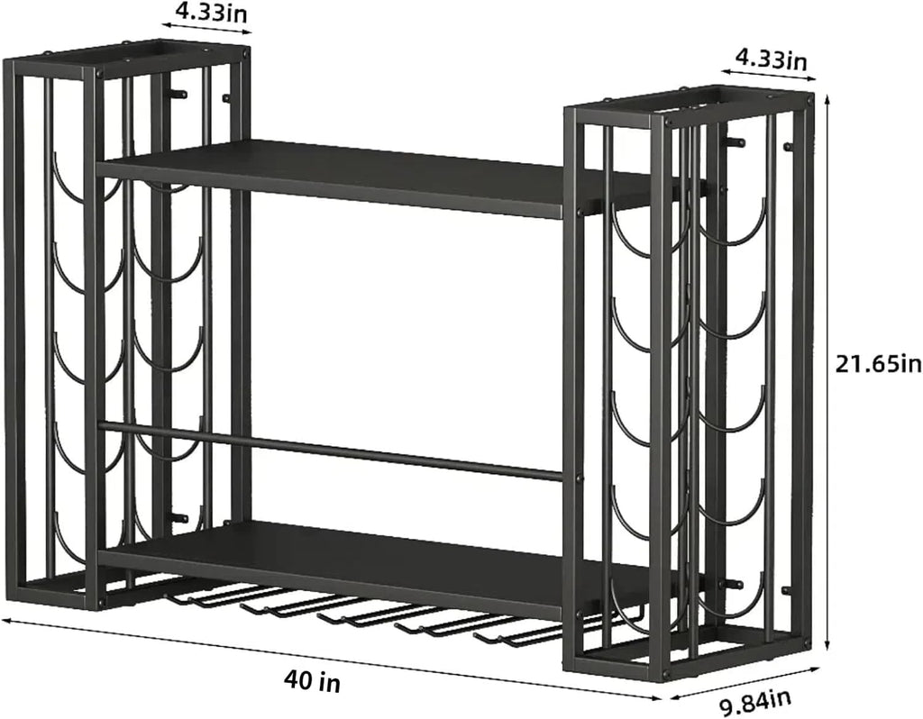Wall Mounted Wine Rack, Wine Rack Wall Mounted with Wine Glass Rack, 2-Tier Multi-Functional Shelf for Home Restaurant Bar Storage Rack (Black, 40" W x 9.8" D x 21.6" H)