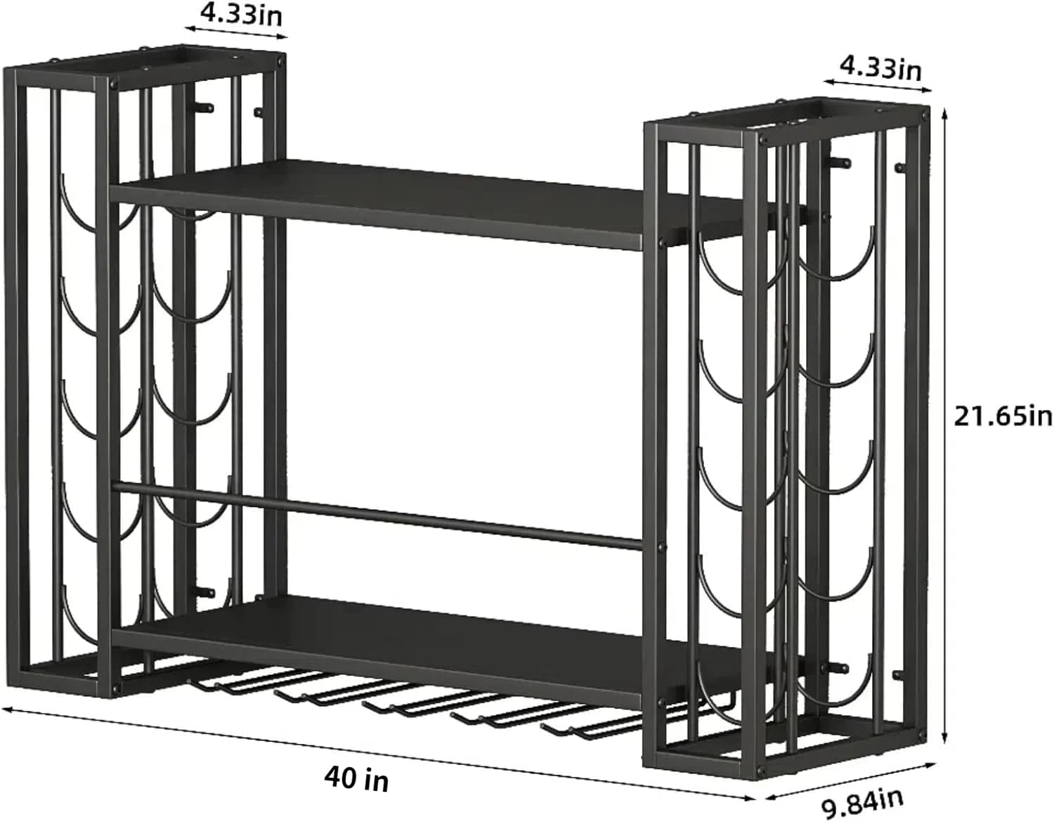 Wall Mounted Wine Rack, Wine Rack Wall Mounted with Wine Glass Rack, 2-Tier Multi-Functional Shelf for Home Restaurant Bar Storage Rack (Black, 40" W x 9.8" D x 21.6" H)