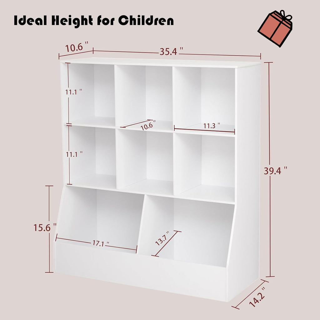 DINZI LVJ Toy Storage Organizer, Kids Bookshelf, Wood Toy Storage Cabinet, 3-Tier 8 Cubby Children Bookcase, 35.4" L Toddler Book Shelf for Playroom, Living Room, Nursery, Hallway, Classroom, White