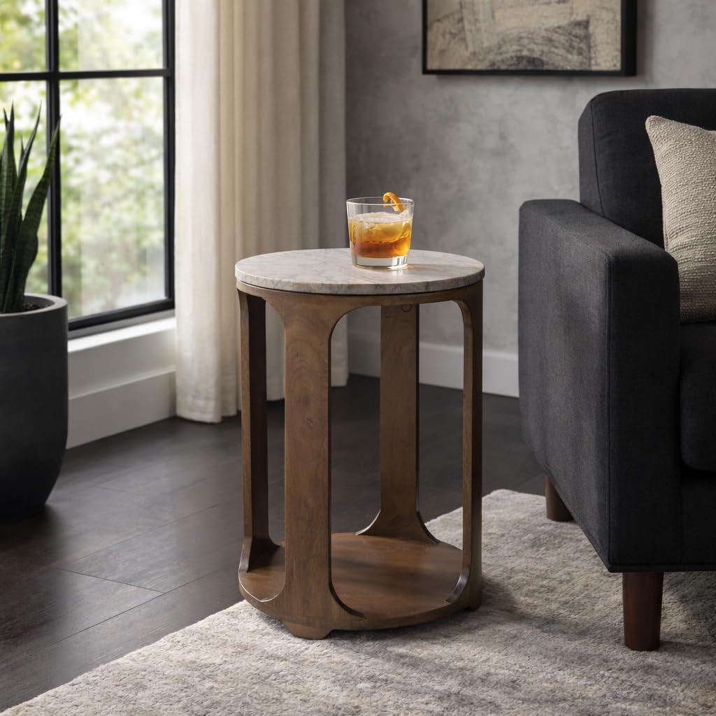 Modern Round End and Side Table for Home Decor - Mango Wood Accent for Small Spaces and Room - Decorative Night Stand or Bedside Drink Table for Bedroom and Living Room Display - 23", Brown & Tan
