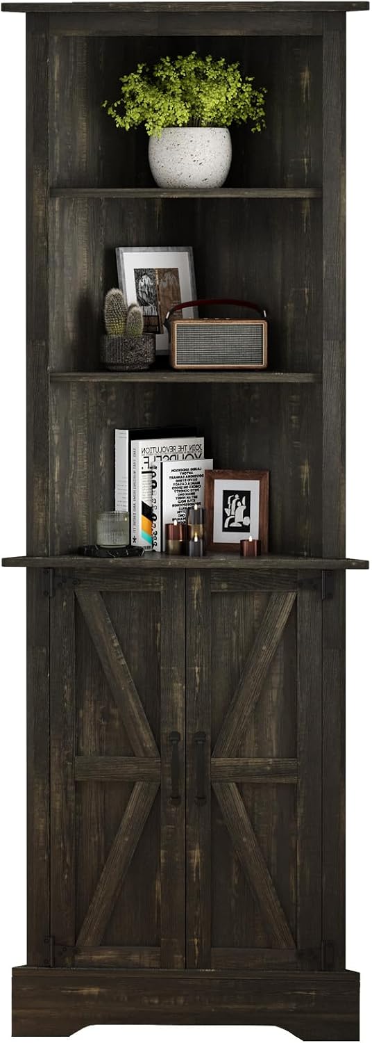 4 EVER WINNER Farmhouse Corner Cabinet, 68" Tall Corner Cabinet with 5-Tier Adjustable Shelves and Barn Doors for Small Spaces, Living Room, Dining Room, Hallway, Bathroom, Kitchen, Rustic Oak