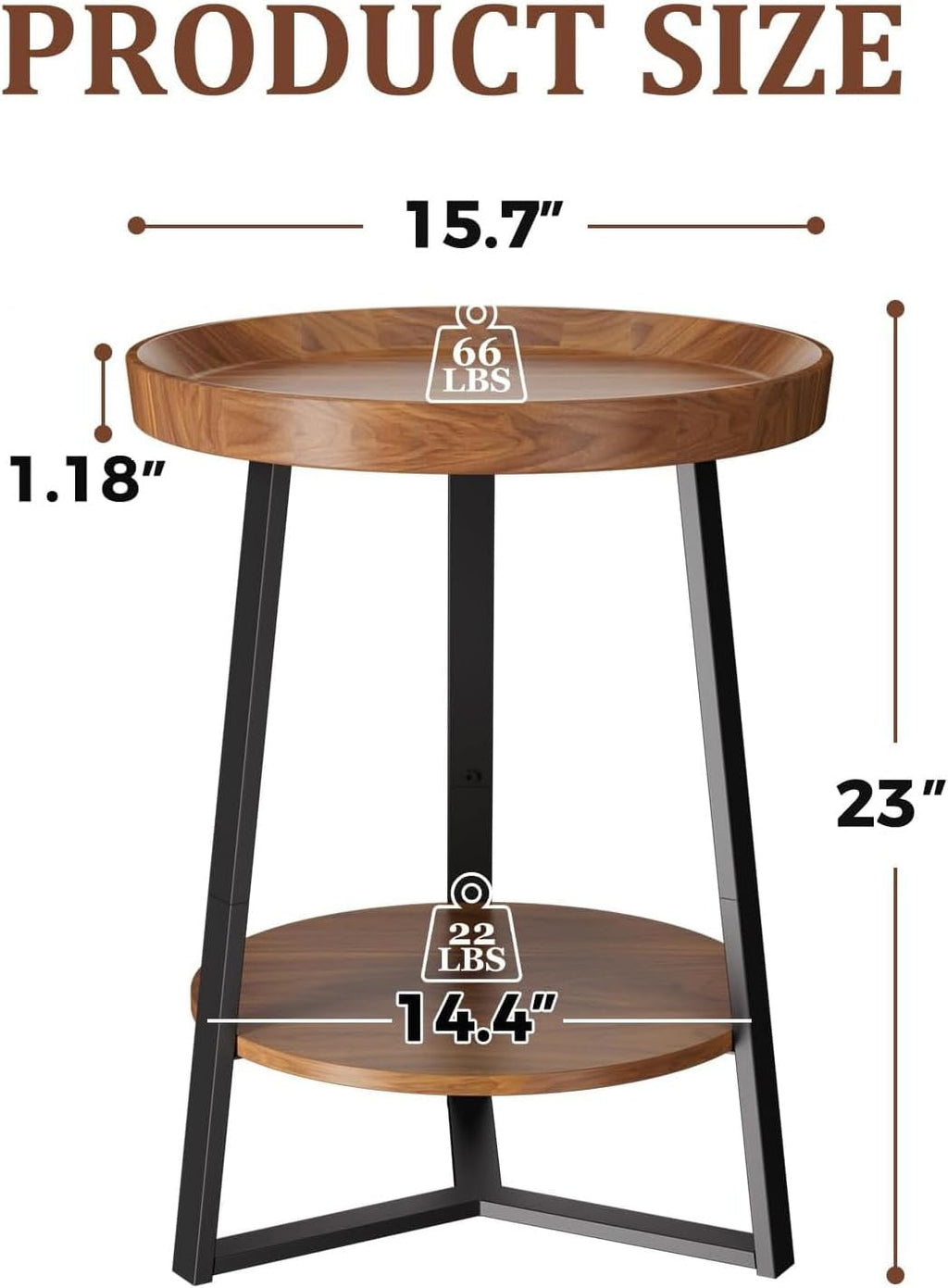 Gadroad Round End Table with Storage Shelf, 2 Tier Farmhouse Side Table Nightstand for Living Room, Bedroom, Wood Tabletop & Black Metal Frame, Brown 15.7 * 15.7 * 23.0inches