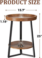 Gadroad Round End Table with Charging Station, Wood Tabletop & Black Metal Frame, 2 Tier Farmhouse Side Table Nightstand for Living Room, Bedroom, Brown 15.7 * 15.7 * 23.0inches