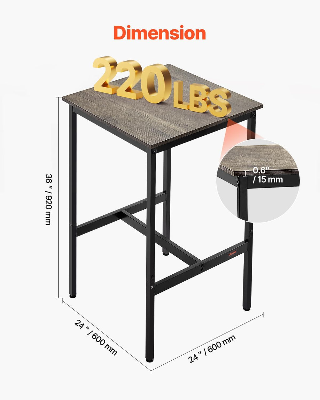 VEVOR Bar Table, Sturdy Metal Frame High Top Pub Table, Small Kitchen Dining, Cocktail Coffee Counter Bar Height Desk, Easy to Assemble, 24x24x36 in, for Living Room Party, Rustic Brown and Black