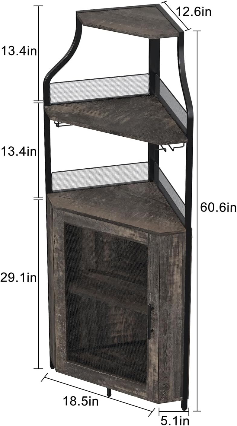 GAOMON Corner Wine Bar Cabinet with Large Storage Space and Removable Wine Rack, Coffee Bar Cabinet with Glass Holder and Mesh Door, 4-Tier Liquor Cabinet Bar, Dark Wood