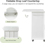 ONBRILL 47" Kitchen Island with 2 Storage Cabinets & 5 Drawers, Mobile Island Table for Kitchen with Imitation Marble Drop Leaf, Rolling Island Cart with Power Outlet & Spice Rack & Towel Rack, White