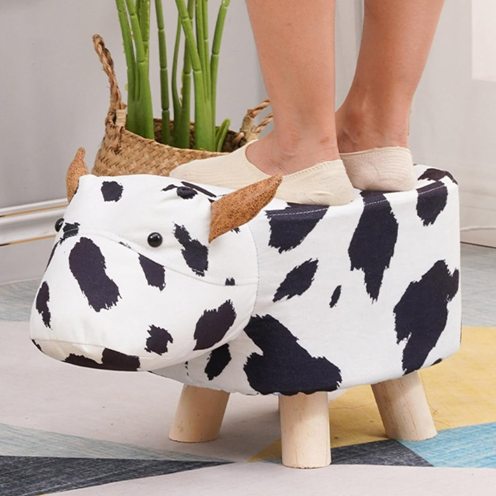 Cute Animal Footstool, Solid Wood Cartoon Stool with Soft Padded Cushion and Non-Slip Feet, Animal Shape Ottoman for Kids, G