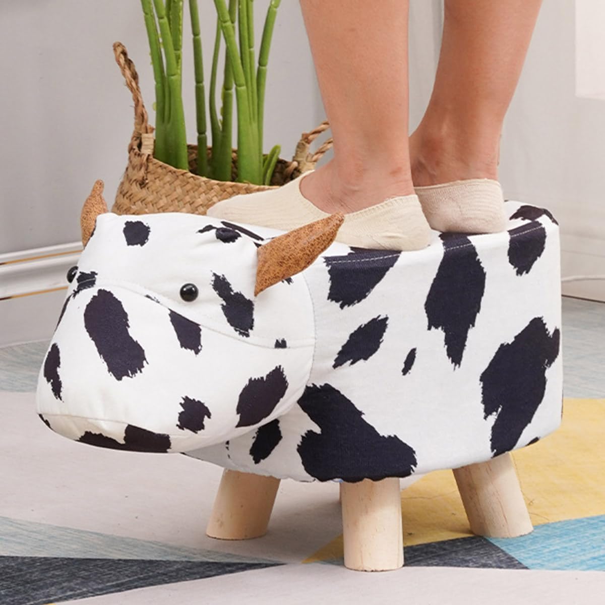 Cute Animal Footstool, Solid Wood Cartoon Stool with Soft Padded Cushion and Non-Slip Feet, Animal Shape Ottoman for Kids, G