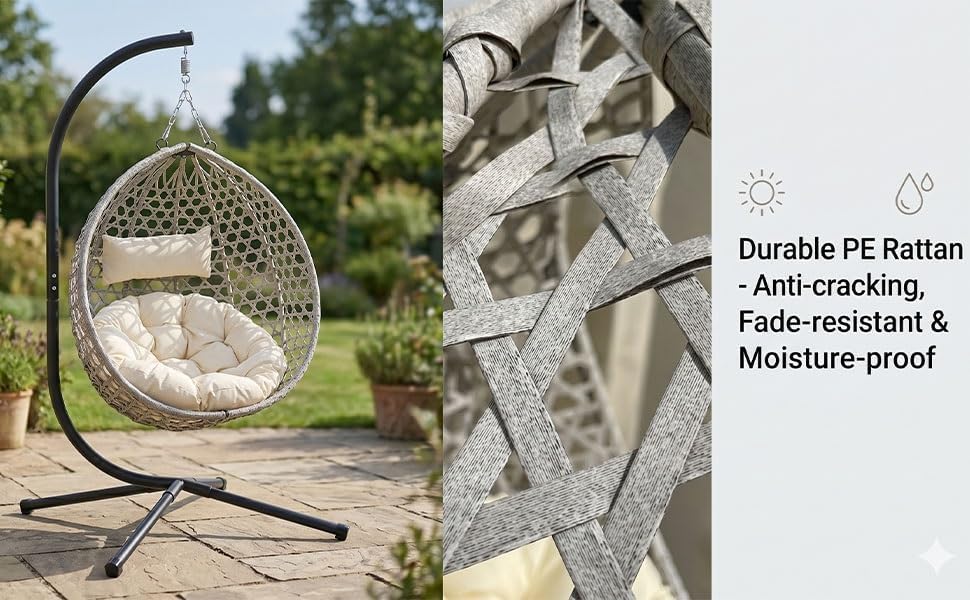 Folding PE Rattan Hanging Egg Chair with Stand, Indoor Outdoor Hammock Swing Basket Chair, Aluminum Steel Frame, 350LBS Capacity for Patio Balcony Backyard Bedroom(Beige+Grey)