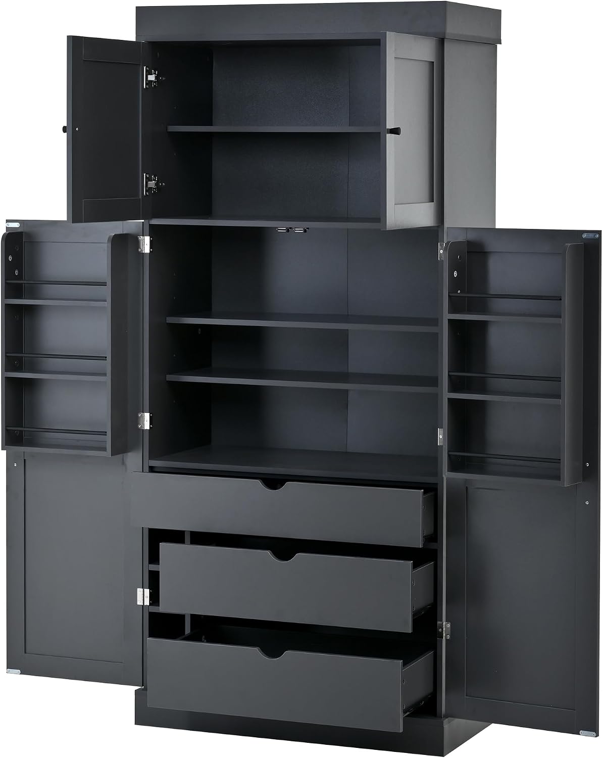 77" Tall Kitchen Pantry Cabinet with 3 Drawers, Large Wooden Kitchen Organizers Storage Cabinet with 6 Door Shelves, Adjustable Shelves and Wine Racks for Dining Room, Dark Gray