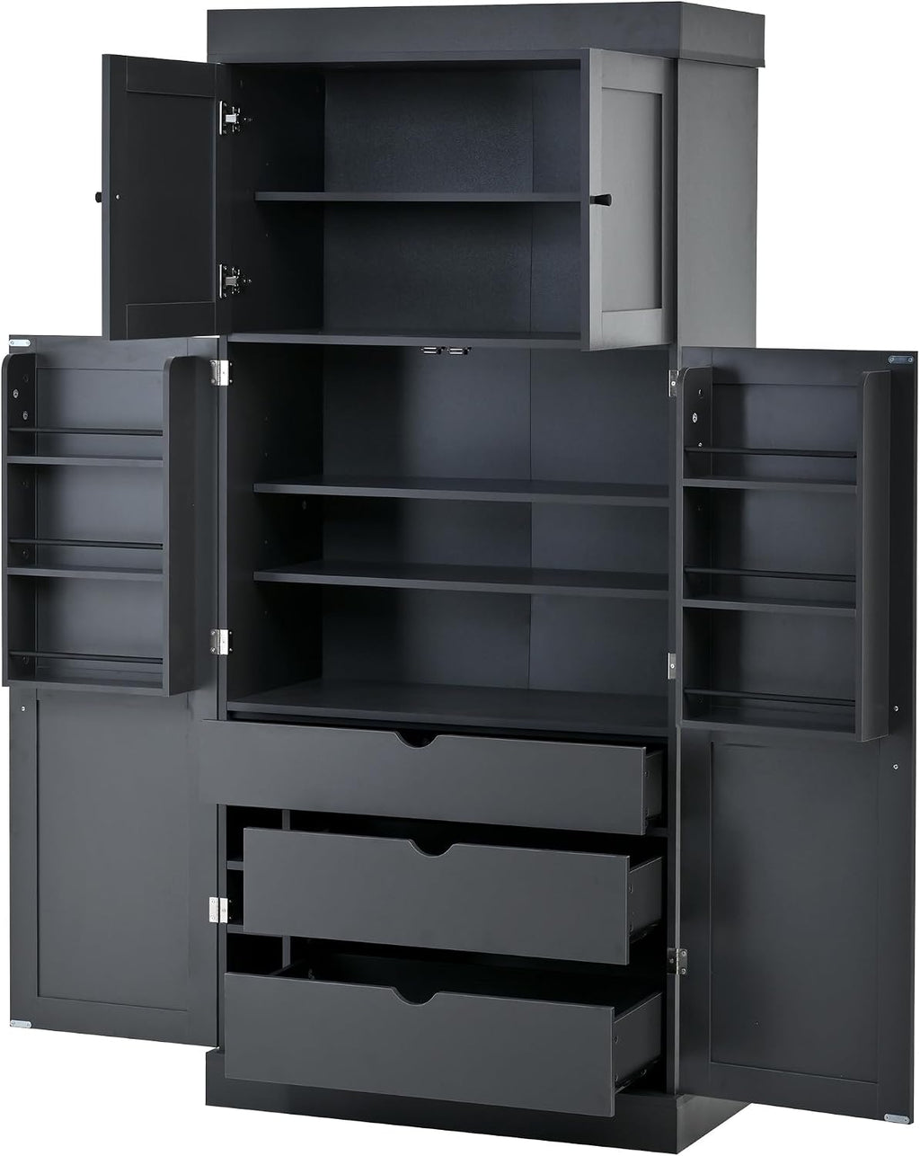 Tall Kitchen Pantry Cabinet with Adjustable Shelves, Modern Freestanding Cupboard with Door Shelves, Drawers and Wine Racks for Dining Room (Grey)