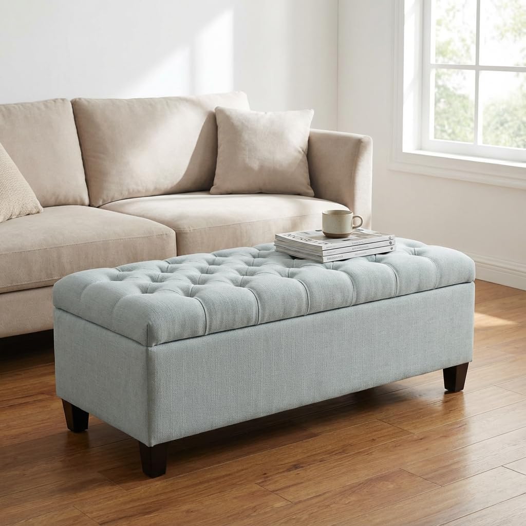 50.25" Storage Ottoman Bench with Safety Hinges for Kids Room: Slow-Close Lid Prevents Pinched Fingers - Baby Blue Footrest Stool for Bedroom, Living Room, Entryway, Hallway - Holds 8x Slower
