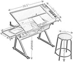 GarveeHome Drafting Table w/Stool, Height Adjustable Multifunctional Art Craft Artists Desk Tilting Glass Tabletop Diamond Paintings Work Station w/2 Storage Drawers for Home Office, White