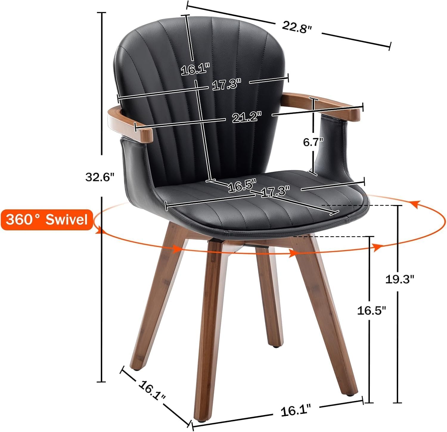 LUNLING Swivel Dining Room Chairs Set of 2 Mid Century Modern Black Faux Leather Kitchen Chairs with Arms Bamboo Legs Side Chairs No Wheels Bentwood Frame Accent Chair for Dining Rooms and Offices