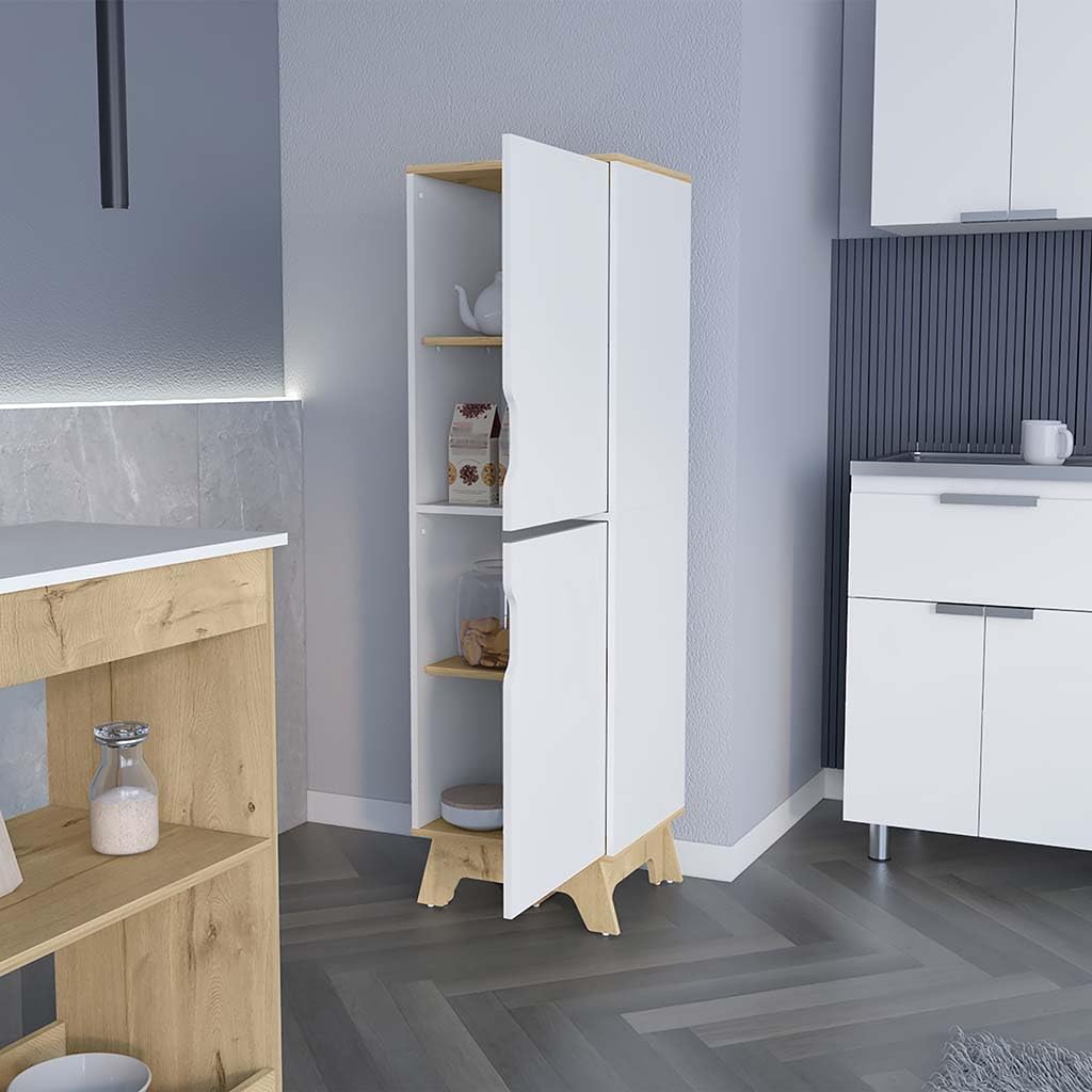 17.7" D*13.6" W*59.3" H Corner Freestanding Kitchen Pantry with 2 Shelves, 2 Single Doors, Rectangular Wood Storage Cabinet, Modern Minimalist, for Living Room, Dining Room, White