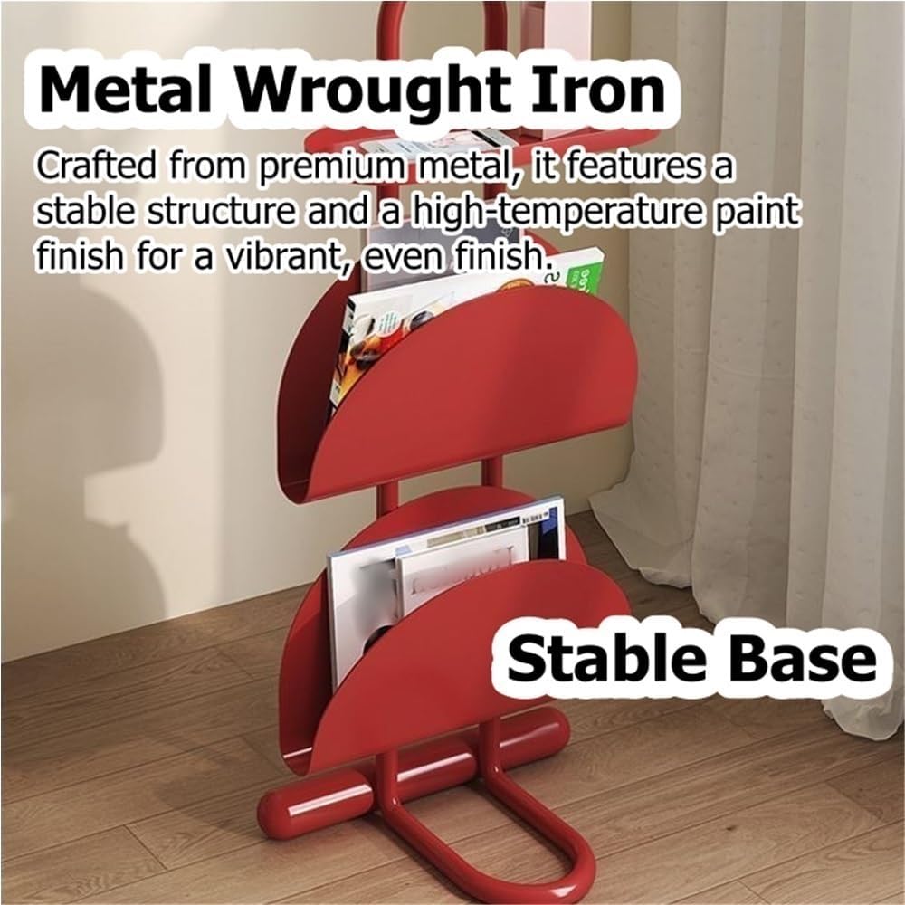 Narrow Side Table for Small Spaces with Magazine Holder, Metal Slim Side Table, Vintage 3 Tier Skinny Nightstand, Floor-Standing Magazine Rack for Living Room, Study, Balcony(Red)