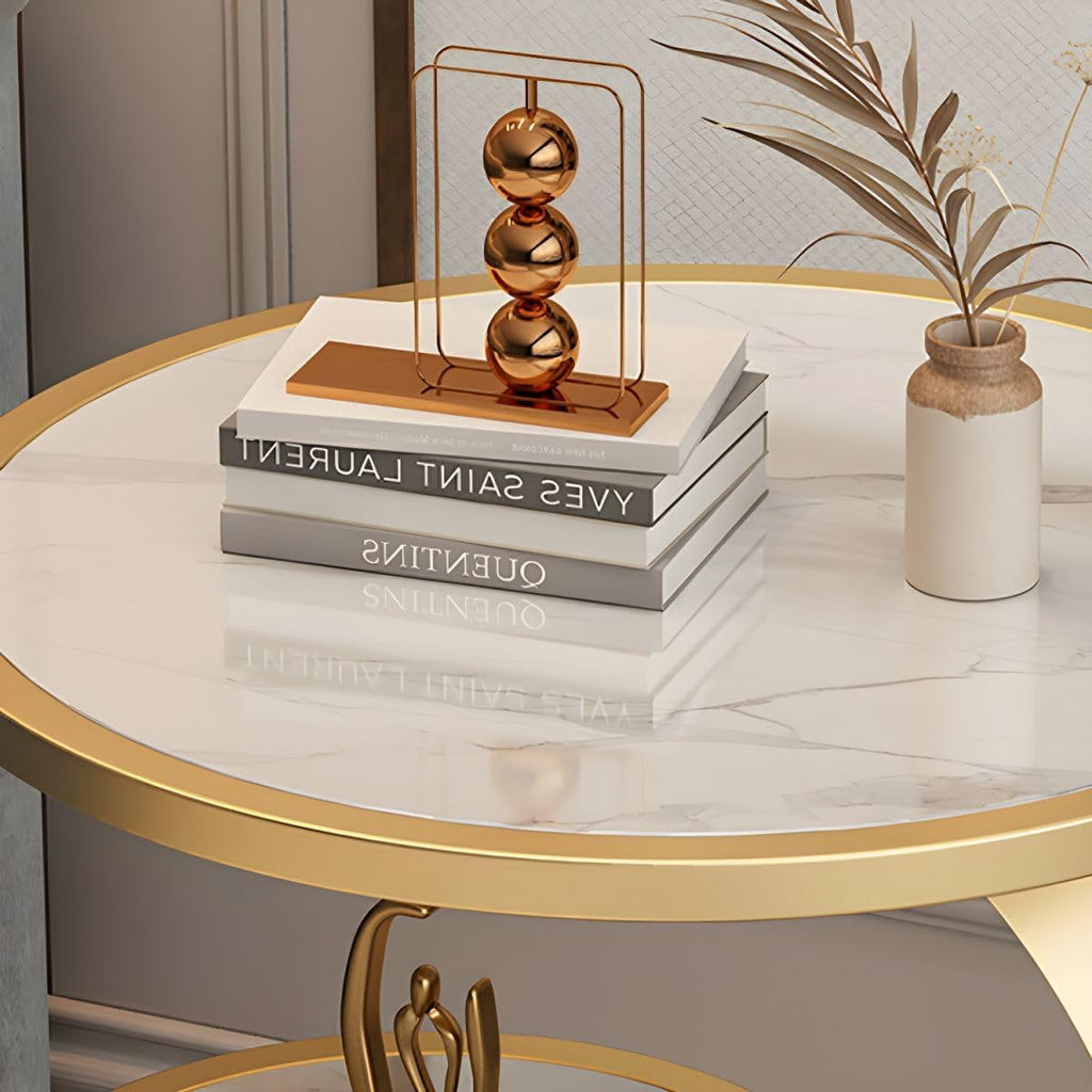 Round Stone Top Side Table with Storage Shelf - Modern End Table for Living Room, Sofa, or Couch